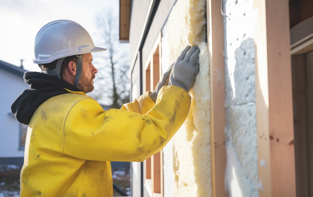 Monteur für Fassadendämmung bringt neues Dämmmaterial an Hausfassade an